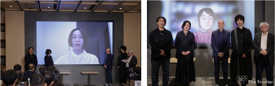 ビデオメッセージでプログラム参加の抱負を語る中西監督（左）、 パリからオンラインで参加し、記念撮影に加わる太田監督（右）